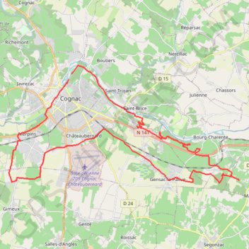 Itinéraire Cognac vers Mainxe 44 kms, distance, dénivelé, altitude, carte, profil, trace GPS