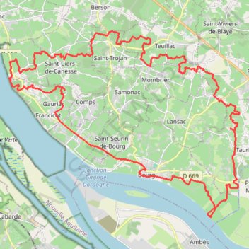 Itinéraire Bourg s/ Gironde, distance, dénivelé, altitude, carte, profil, trace GPS