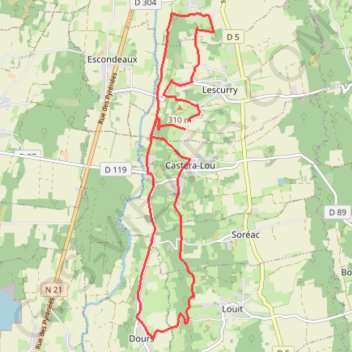 Itinéraire Boucle autour de Lescurry, distance, dénivelé, altitude, carte, profil, trace GPS