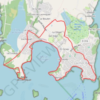 Itinéraire Larmor-Baden, distance, dénivelé, altitude, carte, profil, trace GPS