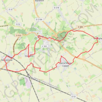 Itinéraire Cassel-Terdeghem-Mont des Récollets-Cassel, distance, dénivelé, altitude, carte, profil, trace GPS
