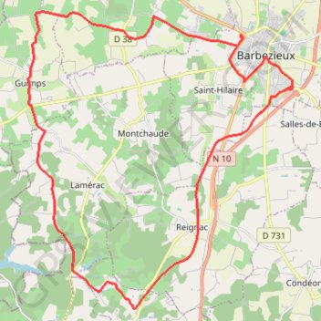 Itinéraire Barbezieux 34 kms, distance, dénivelé, altitude, carte, profil, trace GPS