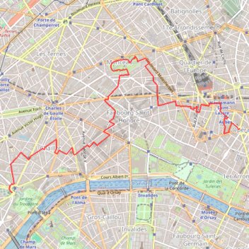Itinéraire L'Opéra, le Parc Monceau et le quartier de Chaillot, distance, dénivelé, altitude, carte, profil, trace GPS