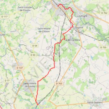 Itinéraire Clisson Montaigu par chemin Compostelle, distance, dénivelé, altitude, carte, profil, trace GPS