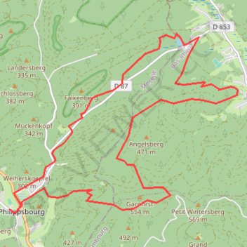 Itinéraire Philipsbourg-neunhoffen, distance, dénivelé, altitude, carte, profil, trace GPS