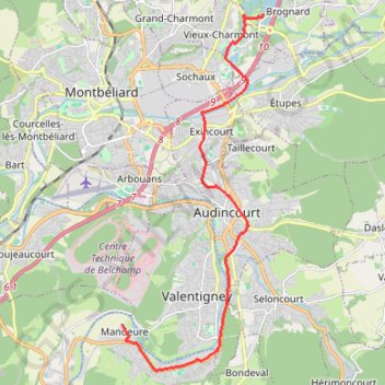Itinéraire Brognard-Mandeure par les pistes cyclables, distance, dénivelé, altitude, carte, profil, trace GPS
