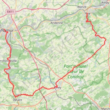 Itinéraire Namur - Dinant - Ciney - Huy, distance, dénivelé, altitude, carte, profil, trace GPS