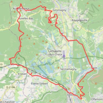 Itinéraire Auxelle par la Grande Côte, distance, dénivelé, altitude, carte, profil, trace GPS