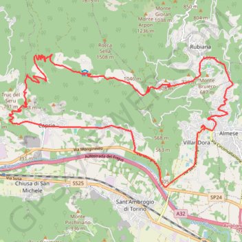 Itinéraire Villardora, Caprie, Camparnaldo, Celle, Rubiana, distance, dénivelé, altitude, carte, profil, trace GPS