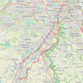 Itinéraire Toulouse - Muret via chemins et sentiers, distance, dénivelé, altitude, carte, profil, trace GPS