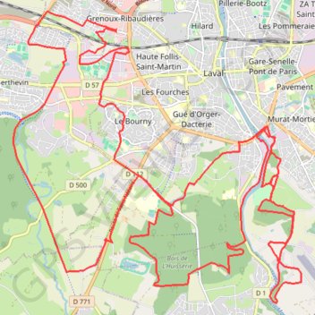 Itinéraire Laval par le bois de l'Huisserie, le bois de Gamats et Saint-Pierre-le-Potier, distance, dénivelé, altitude, carte, profil, trace GPS