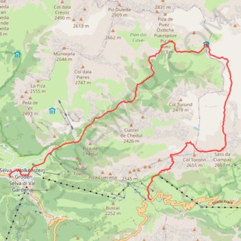Itinéraire Refuge Puez via Ciampei, distance, dénivelé, altitude, carte, profil, trace GPS