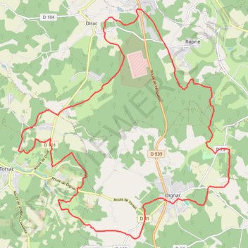 Itinéraire Dirac vers Dignac 28.9 kms, distance, dénivelé, altitude, carte, profil, trace GPS