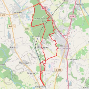 Itinéraire Dieupentale-Montech 34km, distance, dénivelé, altitude, carte, profil, trace GPS