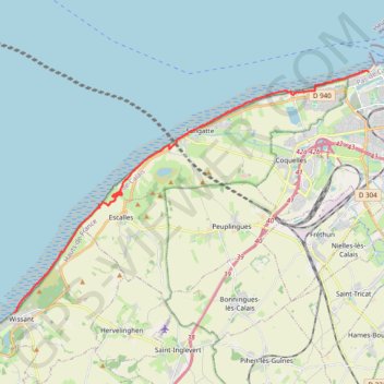 Itinéraire GR 120 de Calais à Wissant, distance, dénivelé, altitude, carte, profil, trace GPS