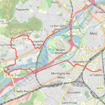 Itinéraire Ban-Saint-Martin - Scy-Chazelles - Moulins-lès-Metz - Metz-Sablon, distance, dénivelé, altitude, carte, profil, trace GPS